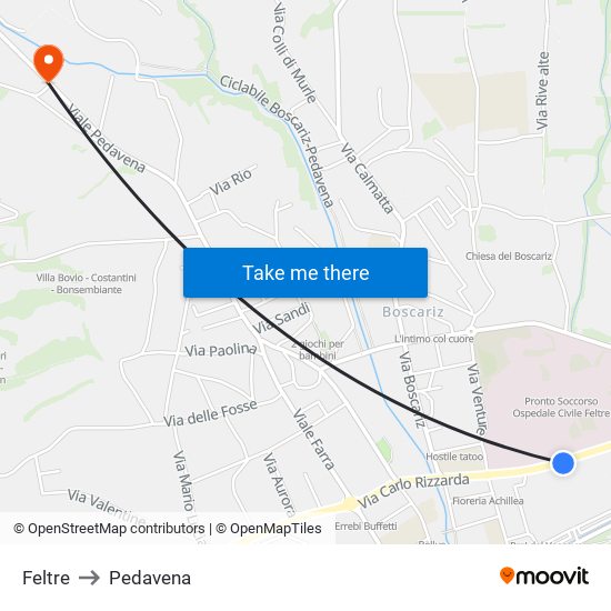 Feltre to Pedavena map