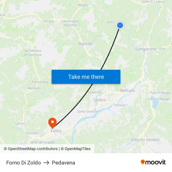 Forno Di Zoldo to Pedavena map