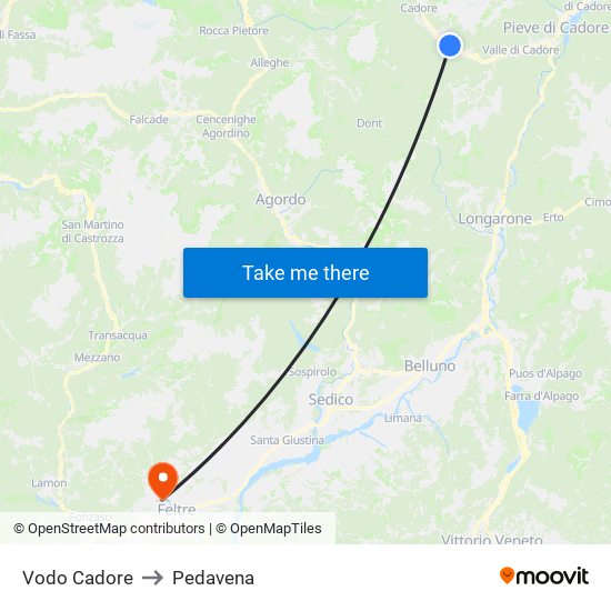 Vodo Cadore to Pedavena map