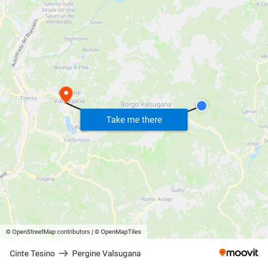 Cinte Tesino to Pergine Valsugana map