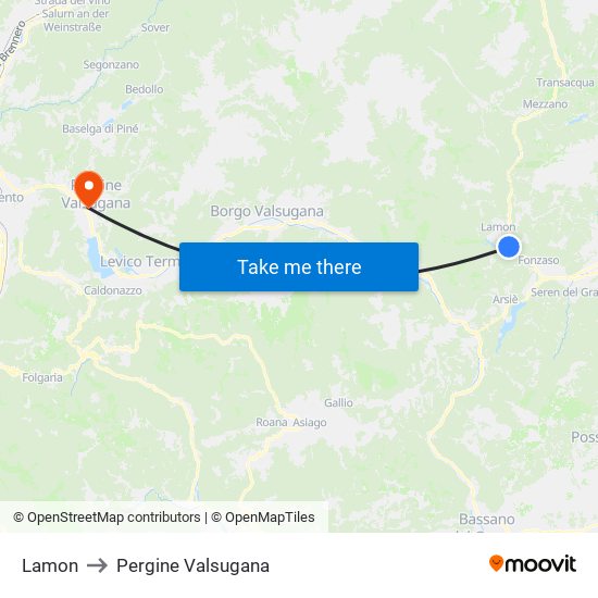 Lamon to Pergine Valsugana map