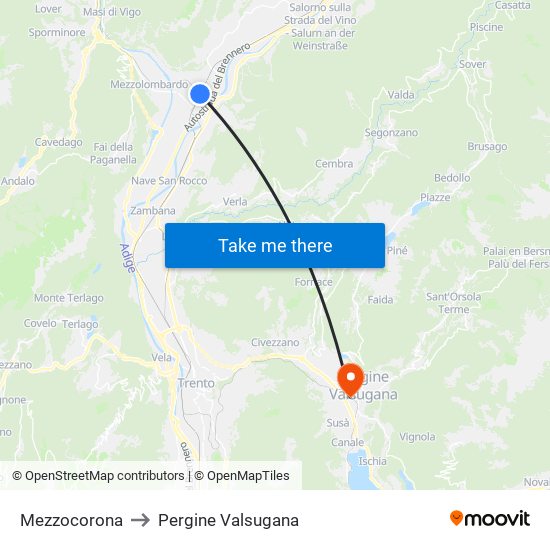 Mezzocorona to Pergine Valsugana map