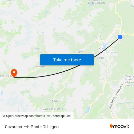 Cavareno to Ponte Di Legno map