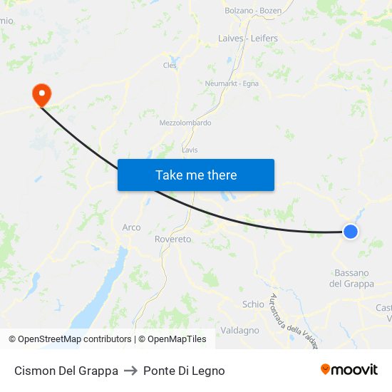 Cismon Del Grappa to Ponte Di Legno map