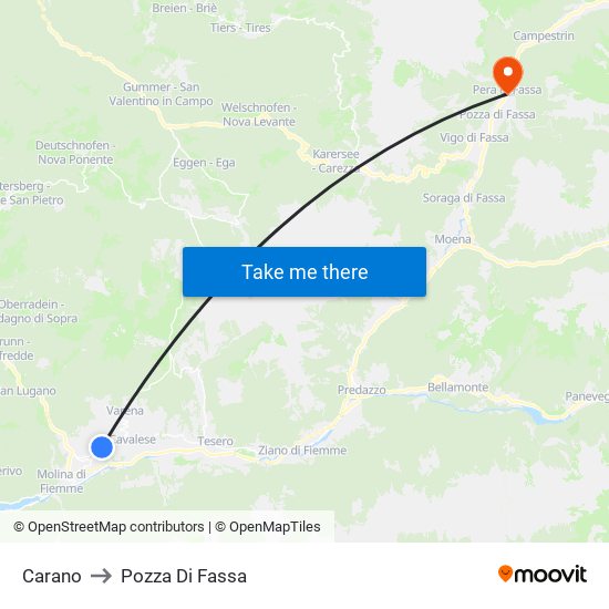 Carano to Pozza Di Fassa map