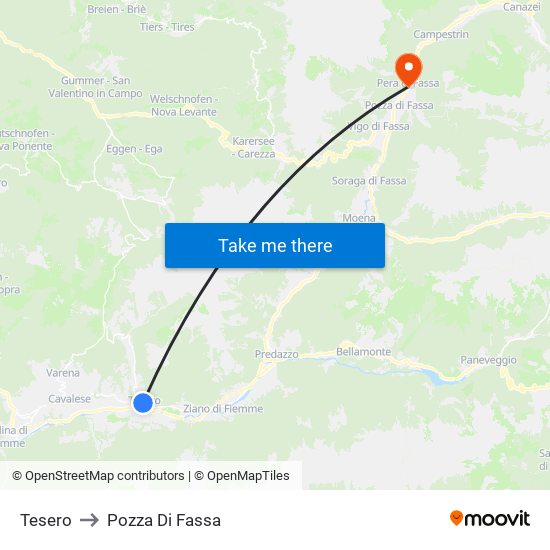 Tesero to Pozza Di Fassa map