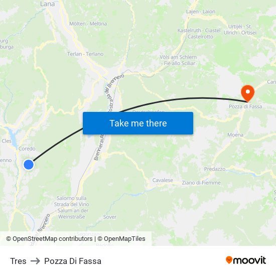 Tres to Pozza Di Fassa map