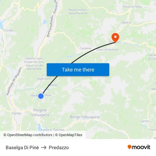 Baselga Di Pinè to Predazzo map