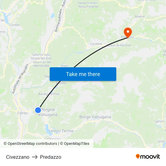 Civezzano to Predazzo map