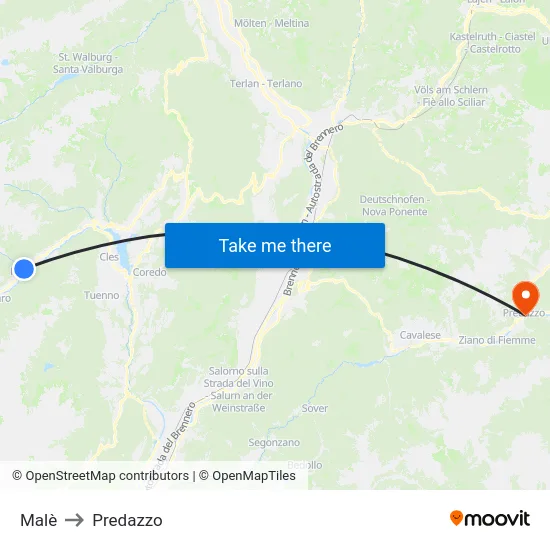 Malè to Predazzo map