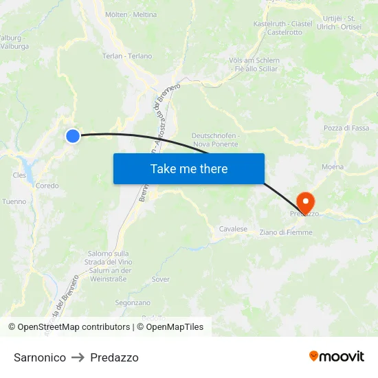 Sarnonico to Predazzo map