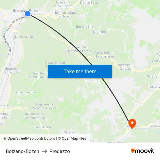 Bolzano/Bozen to Predazzo map
