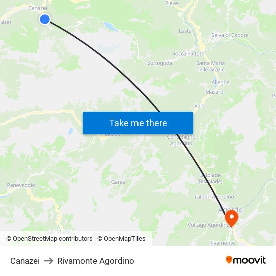 Canazei to Rivamonte Agordino map