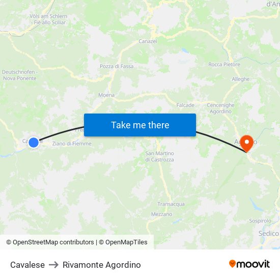 Cavalese to Rivamonte Agordino map