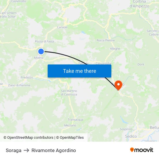 Soraga to Rivamonte Agordino map