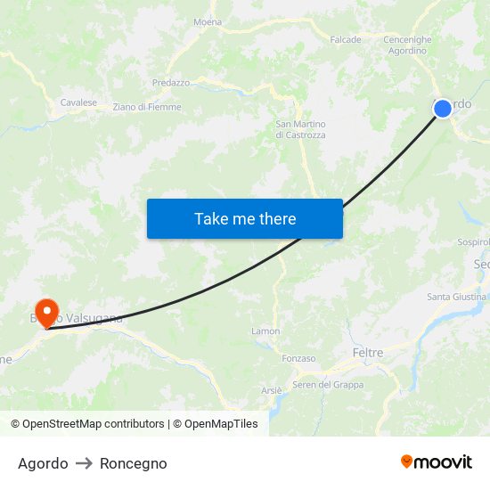 Agordo to Roncegno map