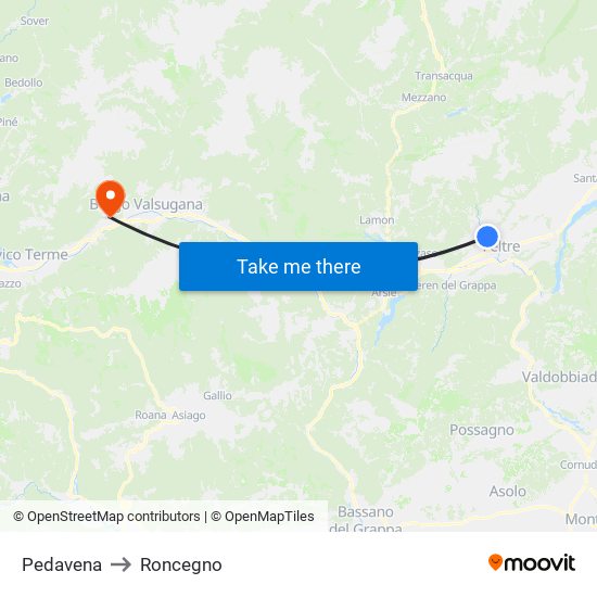 Pedavena to Roncegno map