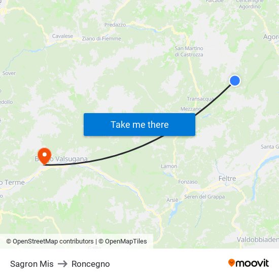 Sagron Mis to Roncegno map