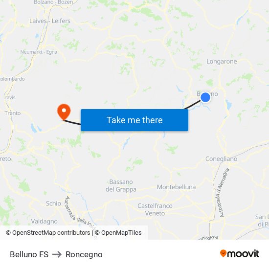 Belluno FS to Roncegno map