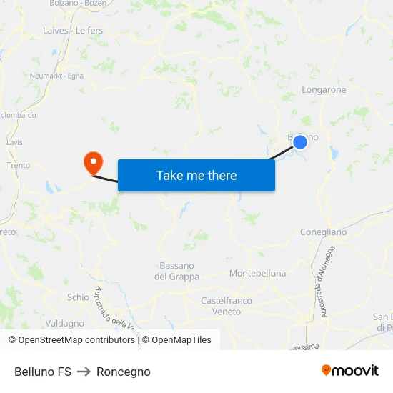 Belluno FS to Roncegno map