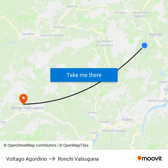 Voltago Agordino to Ronchi Valsugana map