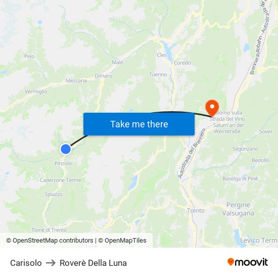 Carisolo to Roverè Della Luna map