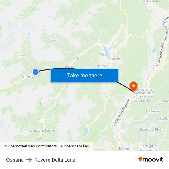 Ossana to Roverè Della Luna map