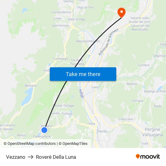 Vezzano to Roverè Della Luna map