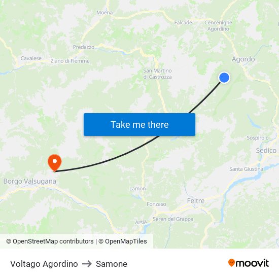 Voltago Agordino to Samone map