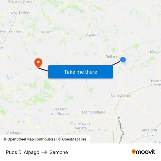 Puos d'Alpago to Samone map