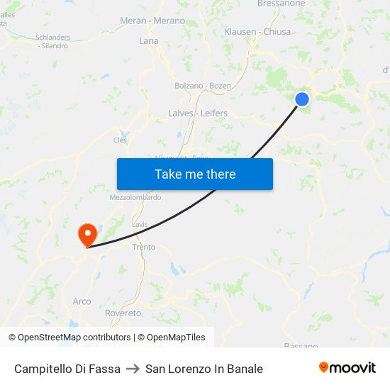 Campitello Di Fassa to San Lorenzo In Banale map