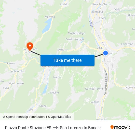 Piazza Dante Stazione FS to San Lorenzo In Banale map
