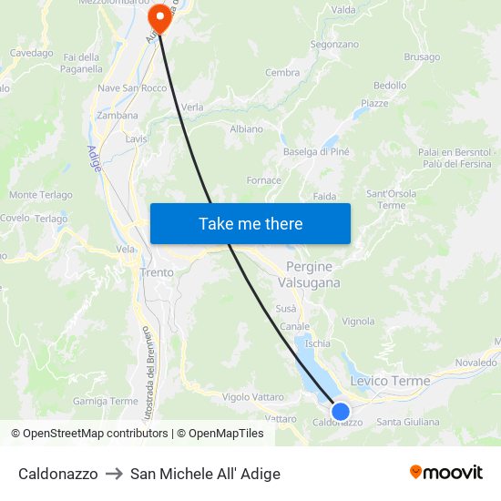 Caldonazzo to San Michele All' Adige map