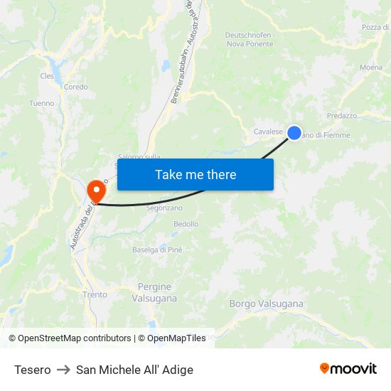 Tesero to San Michele All' Adige map