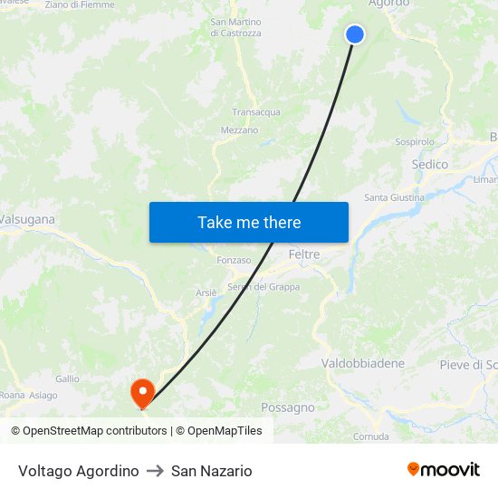 Voltago Agordino to San Nazario map