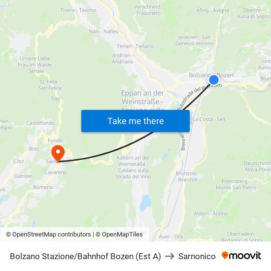 Bolzano Stazione/Bahnhof Bozen (Est A) to Sarnonico map