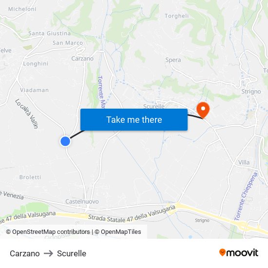 Carzano to Scurelle map