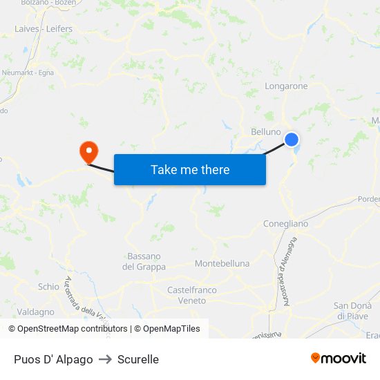 Puos D' Alpago to Scurelle map