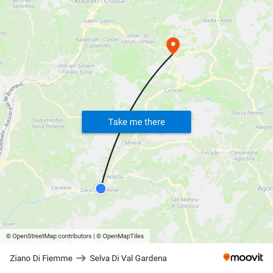 Ziano Di Fiemme to Selva Di Val Gardena map