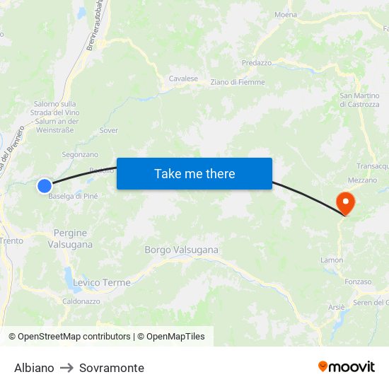 Albiano to Sovramonte map