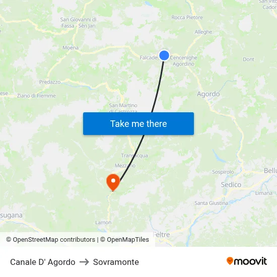 Canale di Agordo to Sovramonte map