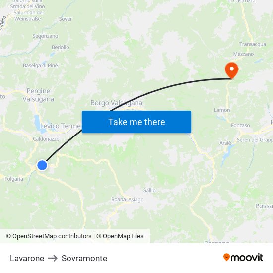 Lavarone to Sovramonte map