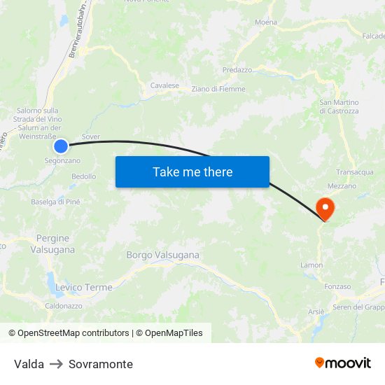 Valda to Sovramonte map