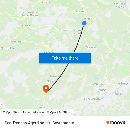 San Tomaso Agordino to Sovramonte map