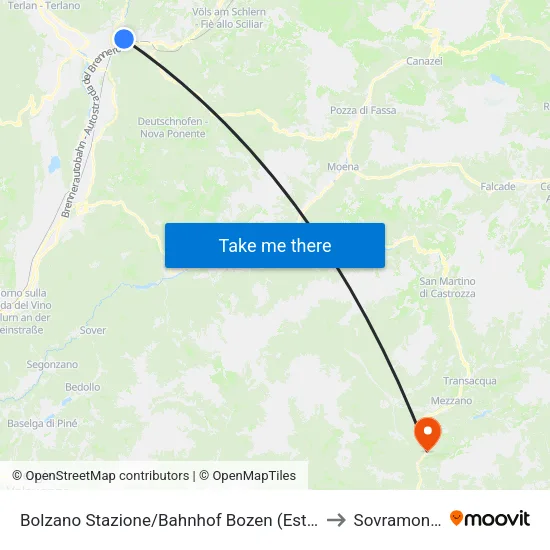 Bolzano Station to Sovramonte map