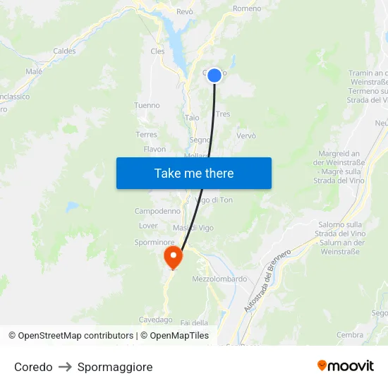 Coredo to Spormaggiore map