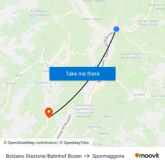 Bolzano Stazione/Bahnhof Bozen to Spormaggiore map