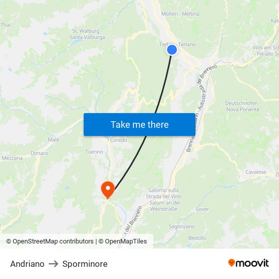 Andriano to Sporminore map