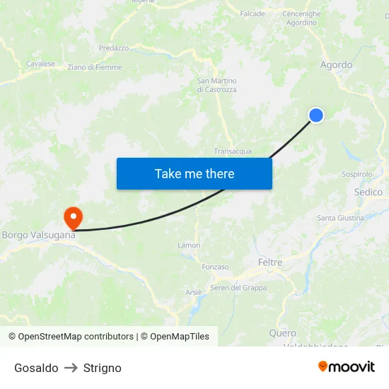 Gosaldo to Strigno map