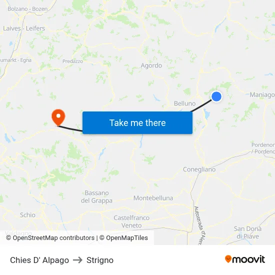 Chies d'Alpago to Strigno map